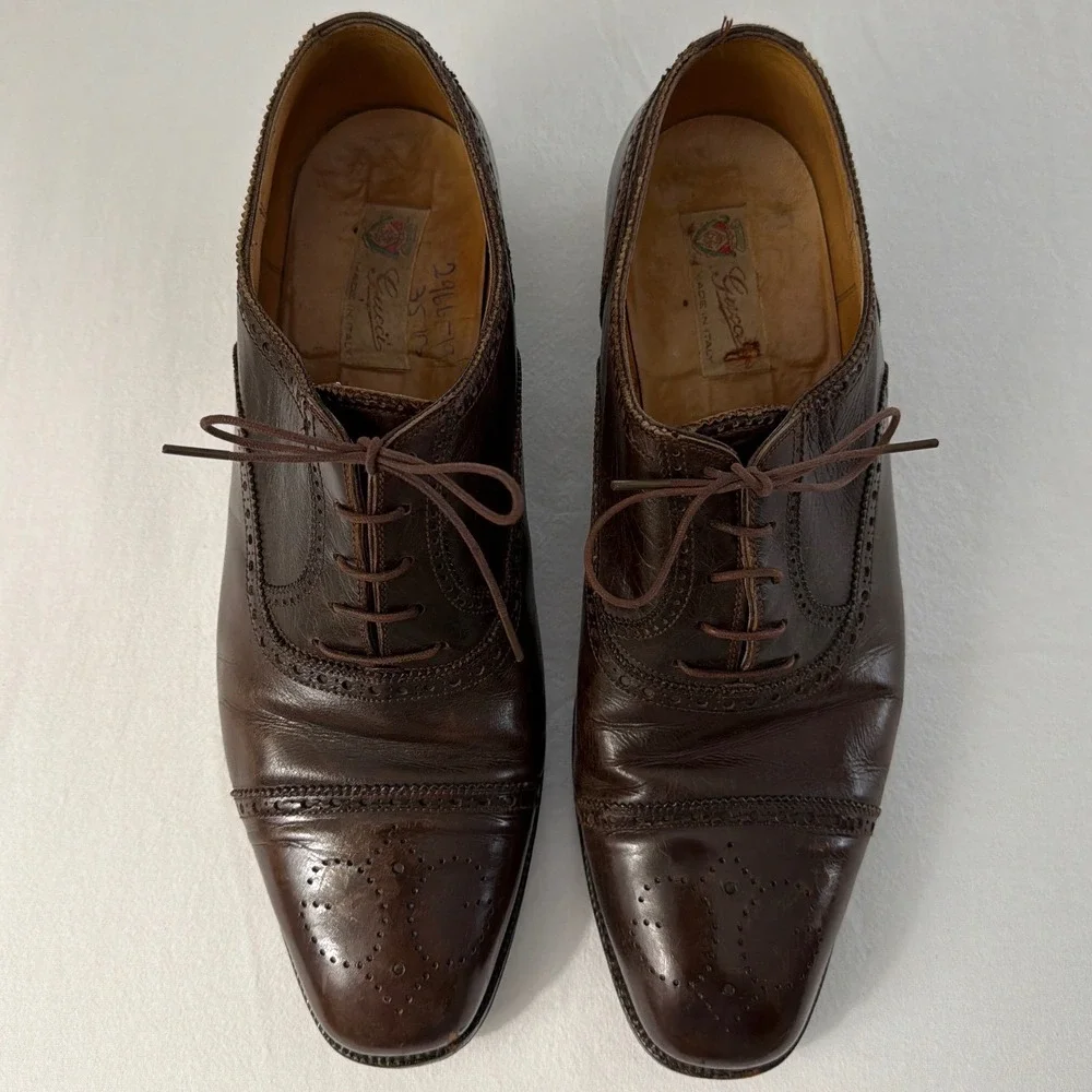 Gucci Mens Vintage Brown Leather Wingtip Brogue Oxford Shoes 42.5 D 111 240 1001
